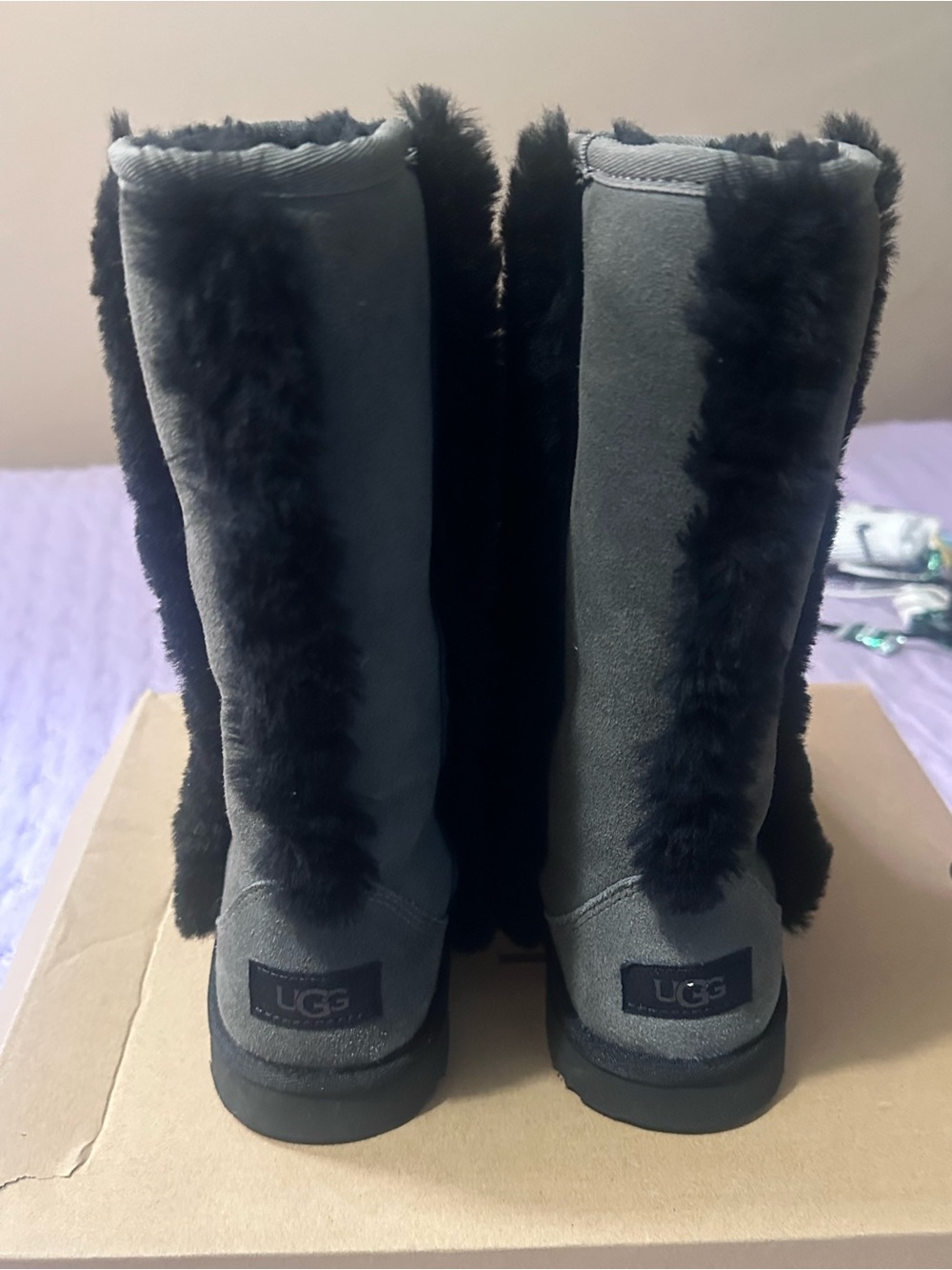UGG Women's Gray Suede Shearling-Trim Tall Boots